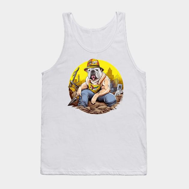 A Carpenter English Bulldog with a tool belt and hard hat, riding a yellow bulldozer and moving dirt Tank Top by teestore_24